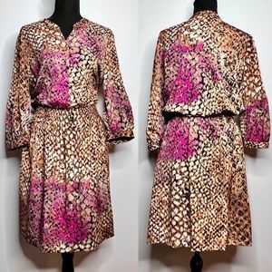 Eliza J Snakeskin Print Dress Size 8 Bishop Sleeve Button Up Smock Brown Fuchsia